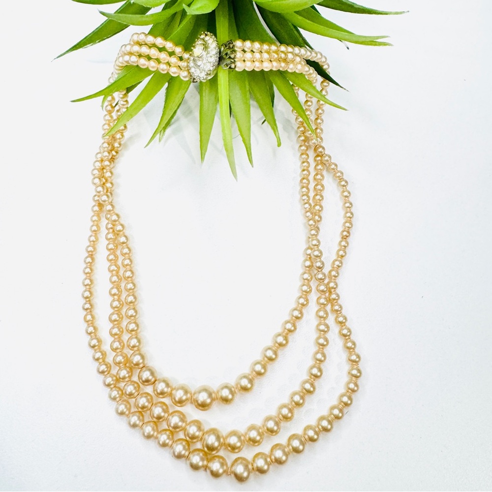 Vintage 16" Dark Champagne Faux Pearl Plastic 3 Tier Graduated Beaded Necklace